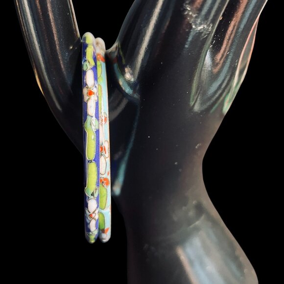 Vintage Cloisonne Bangle Bracelet Set Enamel Floral Jewelry Stackable Boho Chic - Picture 5 of 7